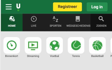 Unibet Mobiel Menu
