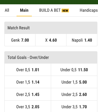 Ga gokken op de Genk - Napoli odds