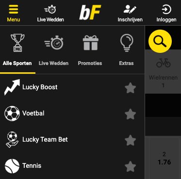 BetFIRST mobiel menu overzicht