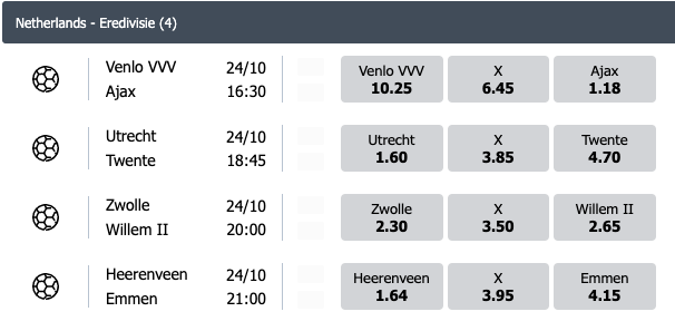 odds eredivisie zaterdag 24 oktober