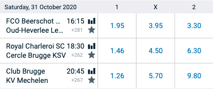 Jupiler Pro League odds 31 oktober