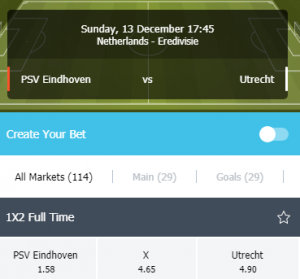 De odds bij PSV - Utrecht