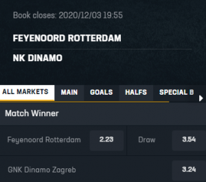 hoge odds bij wedden op Feyenoord Dinamo Zagreb