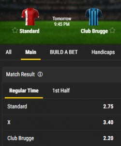 Bwin odds Standard-Club Brugge 04-03-20210 Beker van Belgie