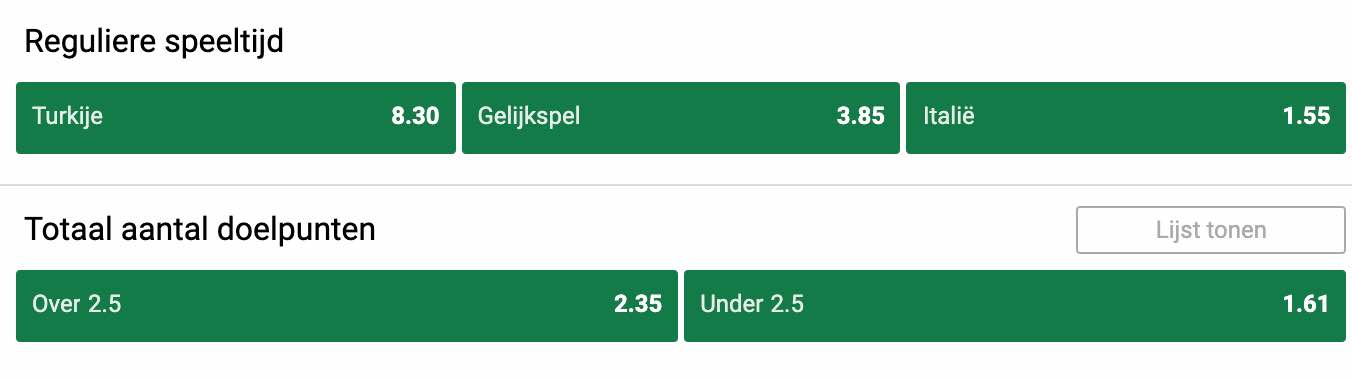 Bekijk de odds voor de EK openingsmatch tussen Turkije - Italie