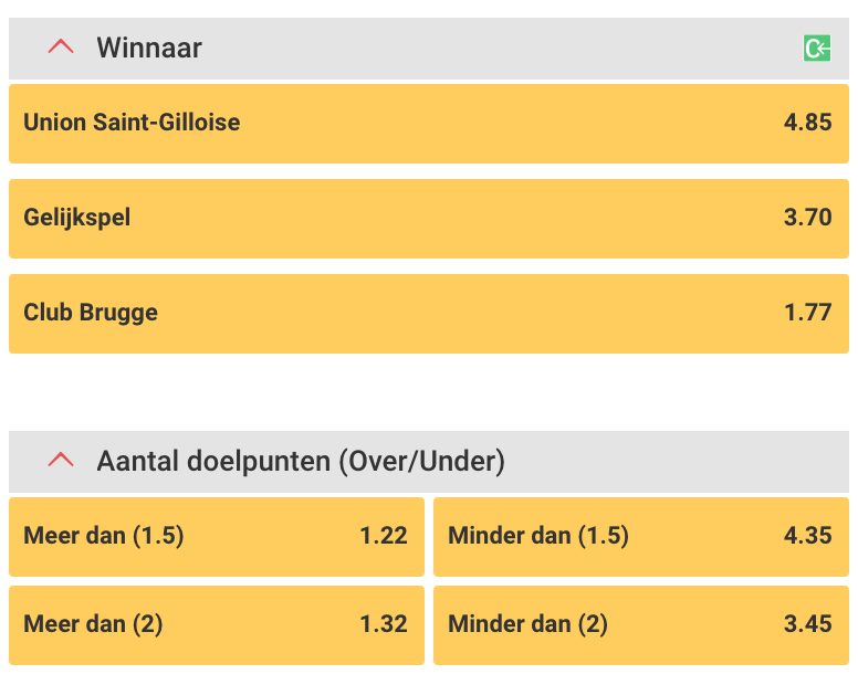 Bekijk de odds tussen Union - Club Brugge in de JPL