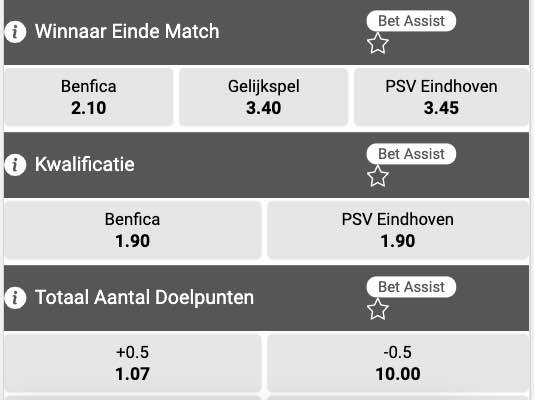 Benfica - PSV Champions League odds 2021