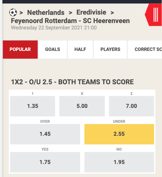 Bekijk de Eredivisie odds tussen Feyenoord en Heerenveen