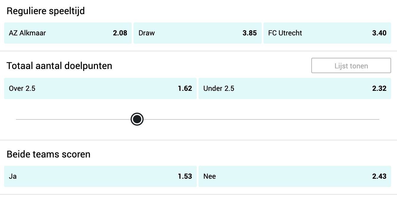 De odds voor AZ - Utrecht bij BetCity