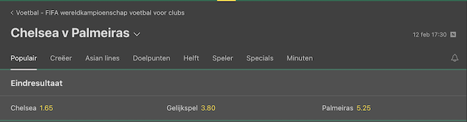 chelsea palmeiras odds