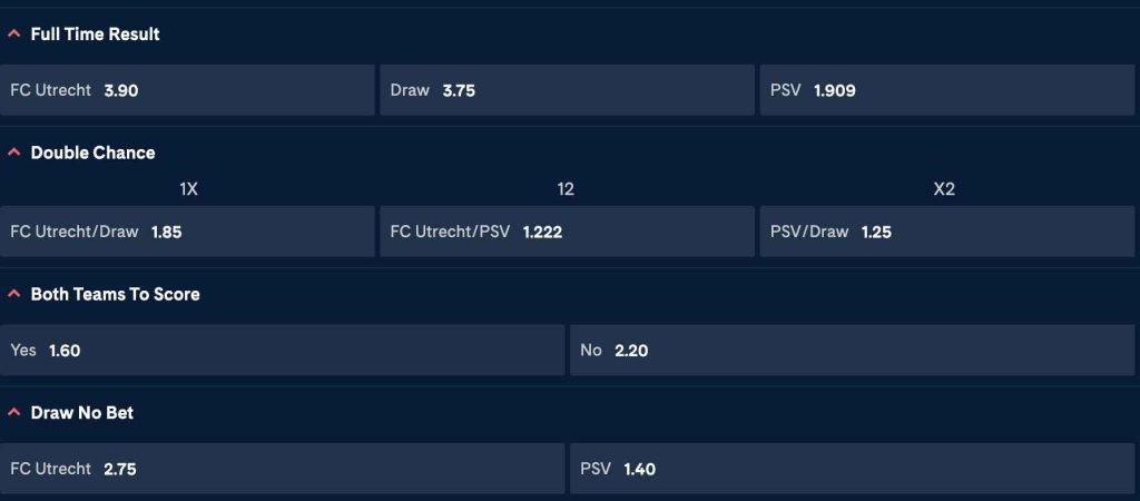 FC Utrecht vs PSV odds