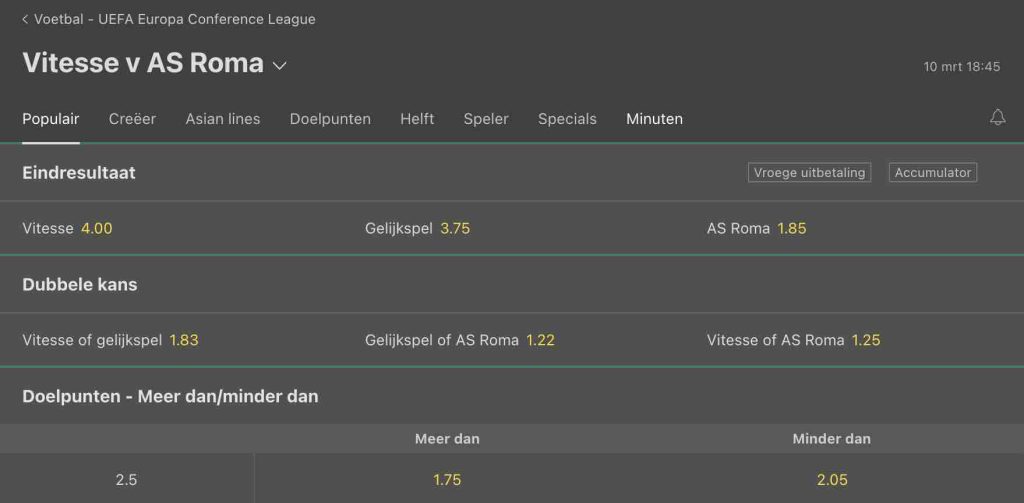 Vitesse vs AS Roma odds