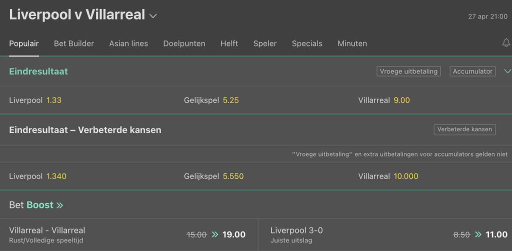 Liverpool - Villareal odds