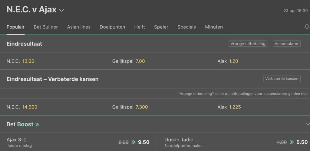 NEC - Ajax en Cambuur - PSV odds