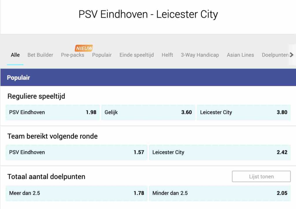 PSV vs Leicester City odds