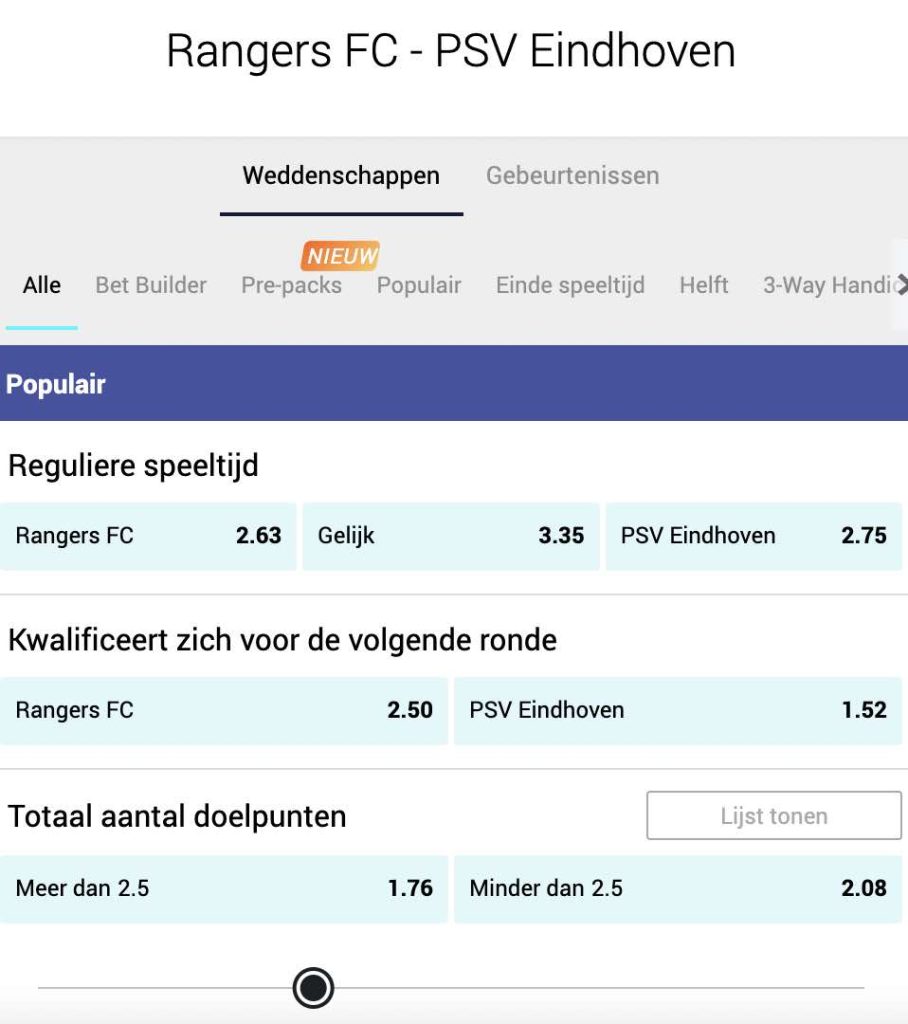 Rangers FC - PSV odds