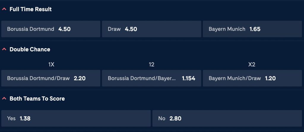 Borussia Dortmund, Bayern Munchen odds