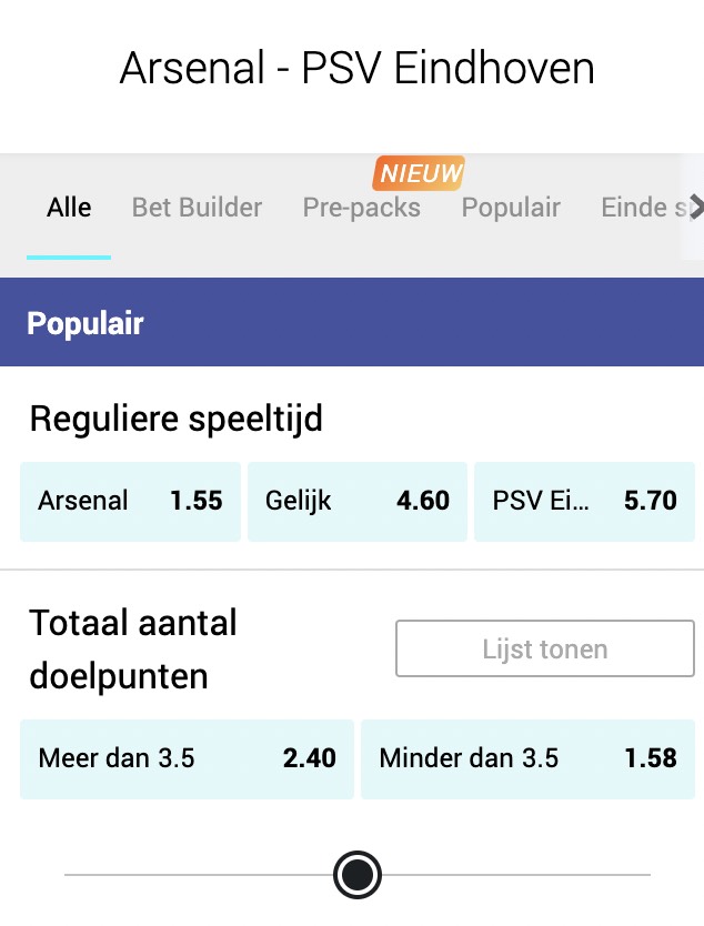 Arsenal - PSV odds