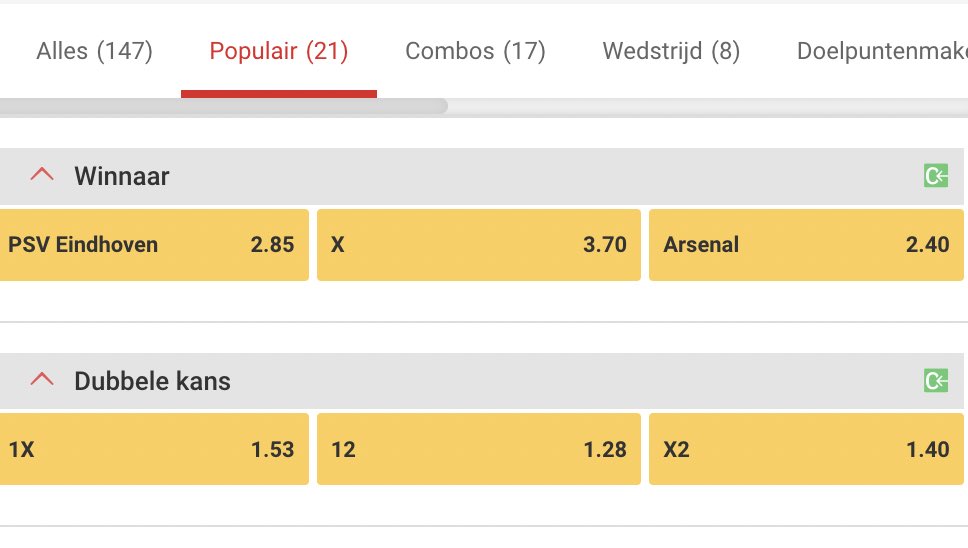 PSV Arsenal odds