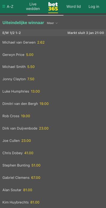 WK darts outrights Bet365