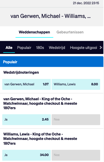 Betcity odds Michael van Gerwen-Lewis WIlliams