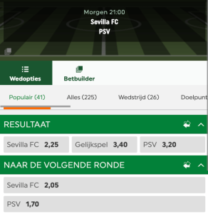 Toto odds Sevilla PSV 16-02-2023