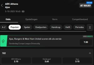 Odds AEK Athene - Ajax in de Europa League.