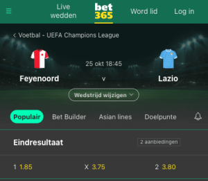 Bet365 odds Feyenoord - Lazio