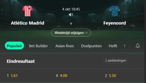 Odds Atletico madrid - Feyenoord in de Champions League