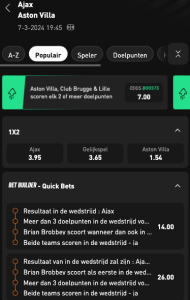 Ajax Aston vVilla quoteringen 07-03-2024 Livescore Bet